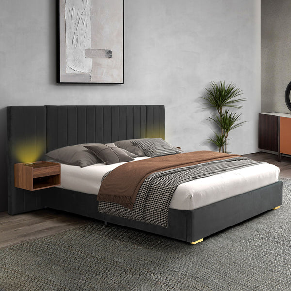 Upholstered King Size Bed Frame of Velvet Tufted Headboard with Floating Nightstand LED/USB Built-in, Grey