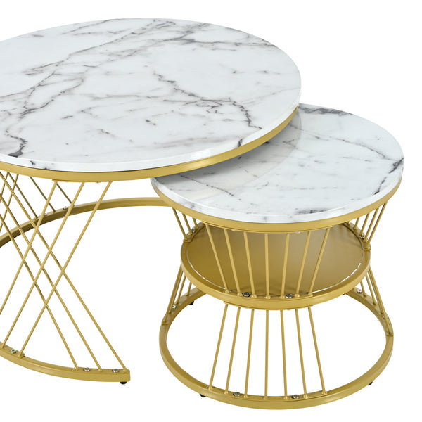 [VIDEO provided] ON-TREND Φ27.5'' & Φ17.7'' Nesting Coffee Table with Marble Grain Table Top, Golden Iron Frame Round Coffee Table, Set of 2, for Living Room, Balcony, White