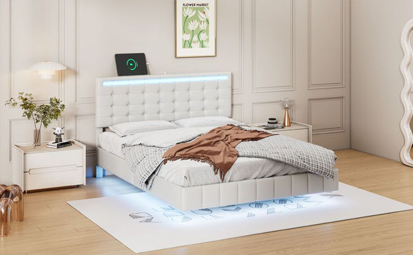 Full Size Floating Bed Frame with LED Lights and USB Charging,Modern Upholstered Platform LED Bed Frame