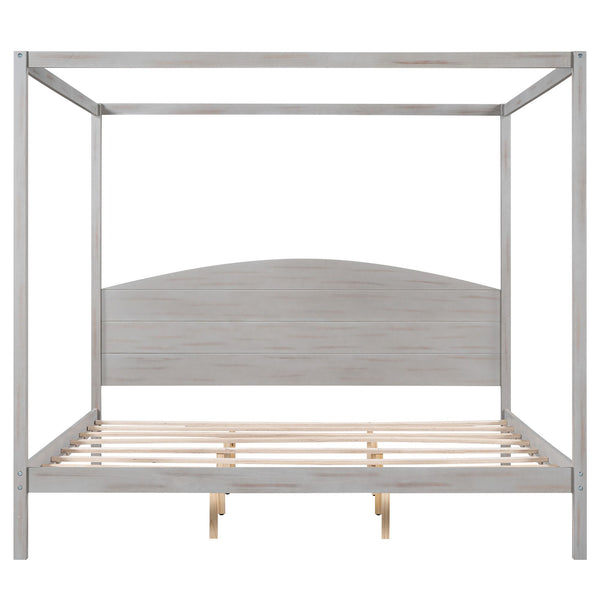 King Size Canopy Platform Bed with Headboard and Support Legs, Grey Wash