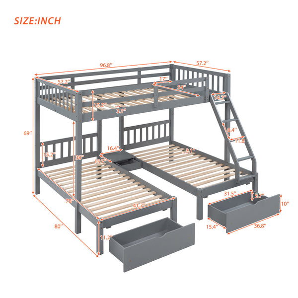 Full Over Twin & Twin Bunk Bed, Wood Triple Bunk Bed with Drawers and Guardrails, Gray (OLD SKU: LP000143AAE)