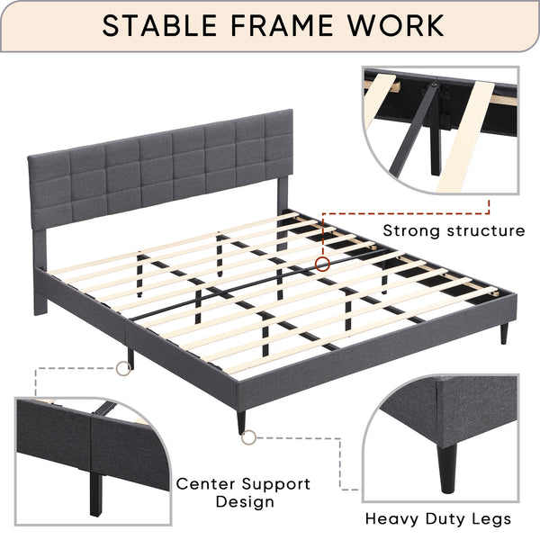 King Size Platform Bed Frame with Fabric Upholstered Headboard and Wooden Slats, No Box Spring Needed/Easy Assembly, Dark Grey