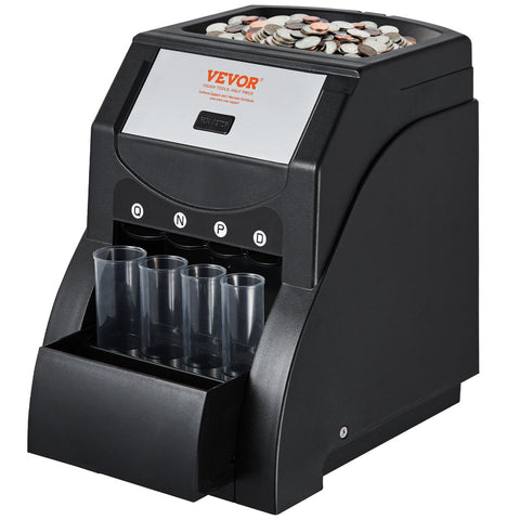 VEVOR USD Coin Sorter, Coin Sorter Machine for USD Coin 1¢ 5¢ 10¢ 25¢, Sorts up to 230 Coins/min, Coin Sorter and Wrapper Machine Holds 200 Coins Included 4 Coin Tubes, Black