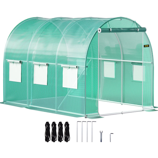 VEVOR Walk-in Tunnel Greenhouse, 9.8 x 6.6 x 6.6 ft Portable Plant Hot House w/ Galvanized Steel Hoops, 1 Top Beam, Diagonal Poles, Zippered Door & 6 Roll-up Windows, Green