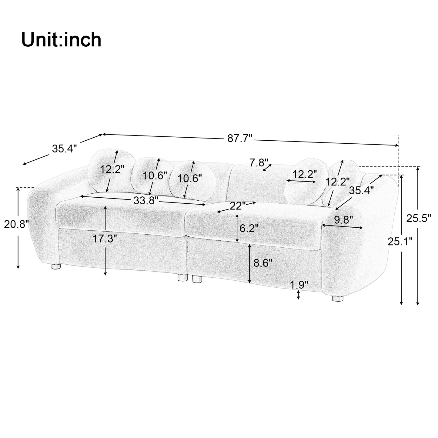 87.7\" Modern Curved Sofa, Back Upholstered Couch with 5 Decorative Throw Pillows, Teddy Fabric Couch for Living Room, Office, Apartment