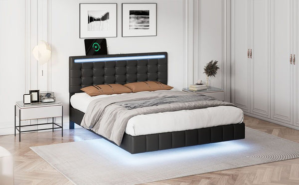 Full Size Floating Bed Frame with LED Lights and USB Charging,Modern Upholstered Platform LED Bed Frame