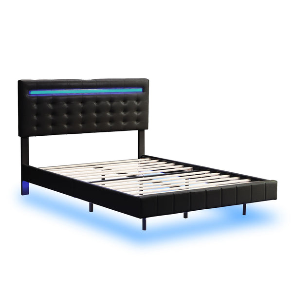 Full Size Floating Bed Frame with LED Lights and USB Charging,Modern Upholstered Platform LED Bed Frame