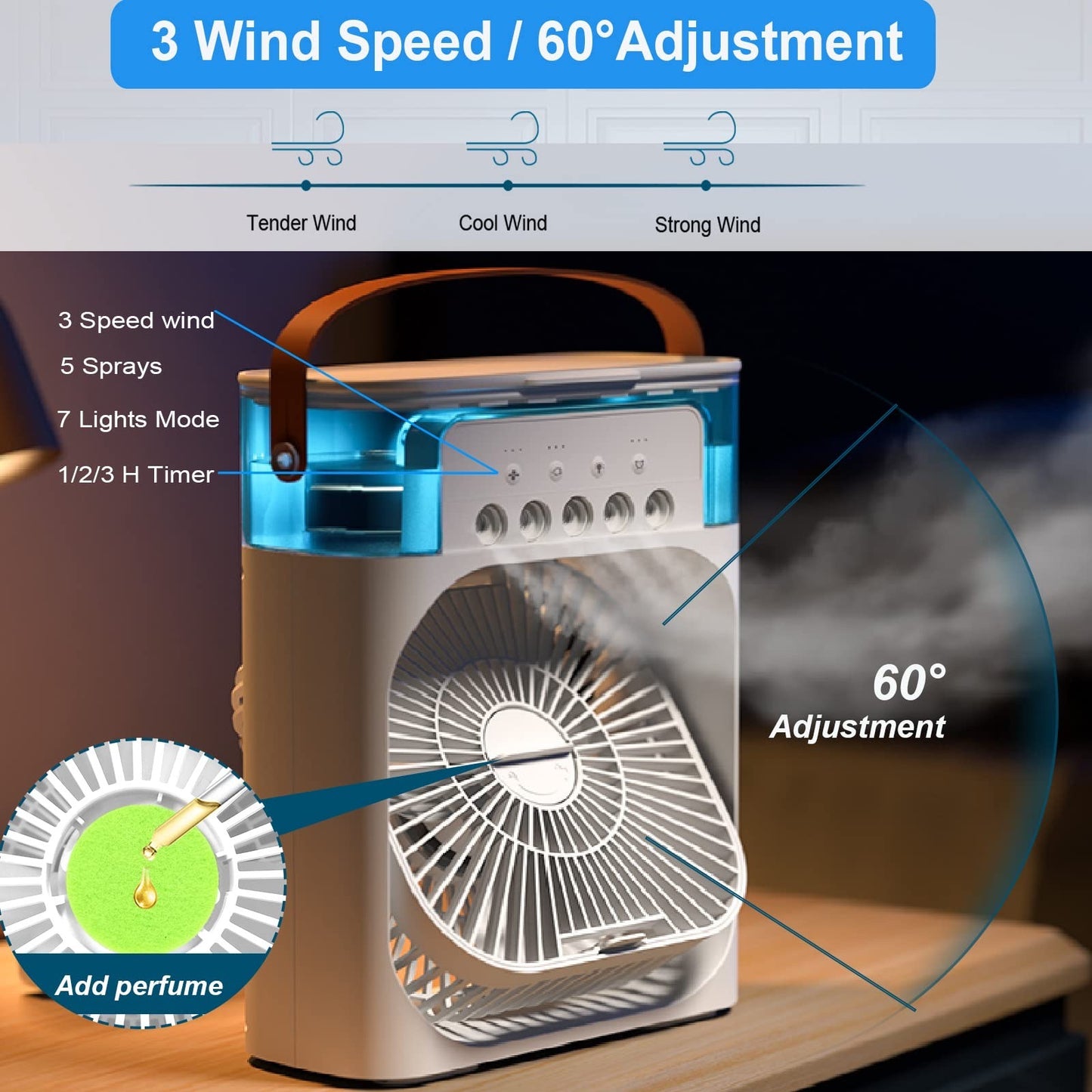 Personal Air Cooler Portable Air Conditioner, 3 In 1 Air Cooling Fan With 3 Wind Speeds, Large Water Tank, Colorful Night Lights, 6H Timer,