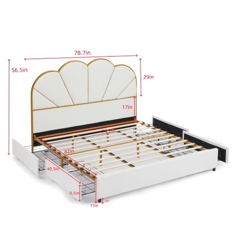 King Size Bed Frame with Drawer, Upholstered Smart Platform Bed with 4-Drawers Strong Wood Slats Support, No Box Spring Needed, Teddy Fleece, White