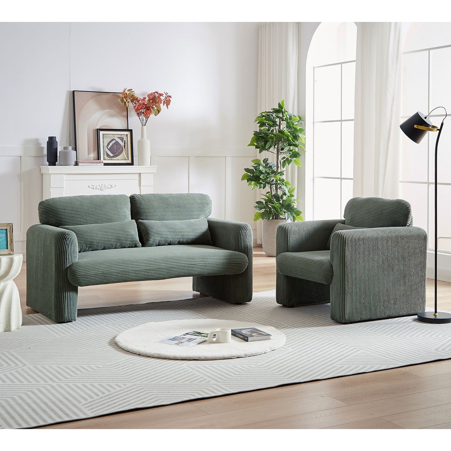 60"Corduroy Fabric Sofa with 33" Single Sofa, Modern Sofa with Support Pillow , for Apartment, Office, Living Room & Bedroom