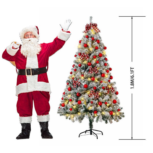 6FT Artificial Hinged Christmas Tree Snow Flocked Pine Tree with Solid Metal Stand Festival Xmas Tree for Indoor Outdoor