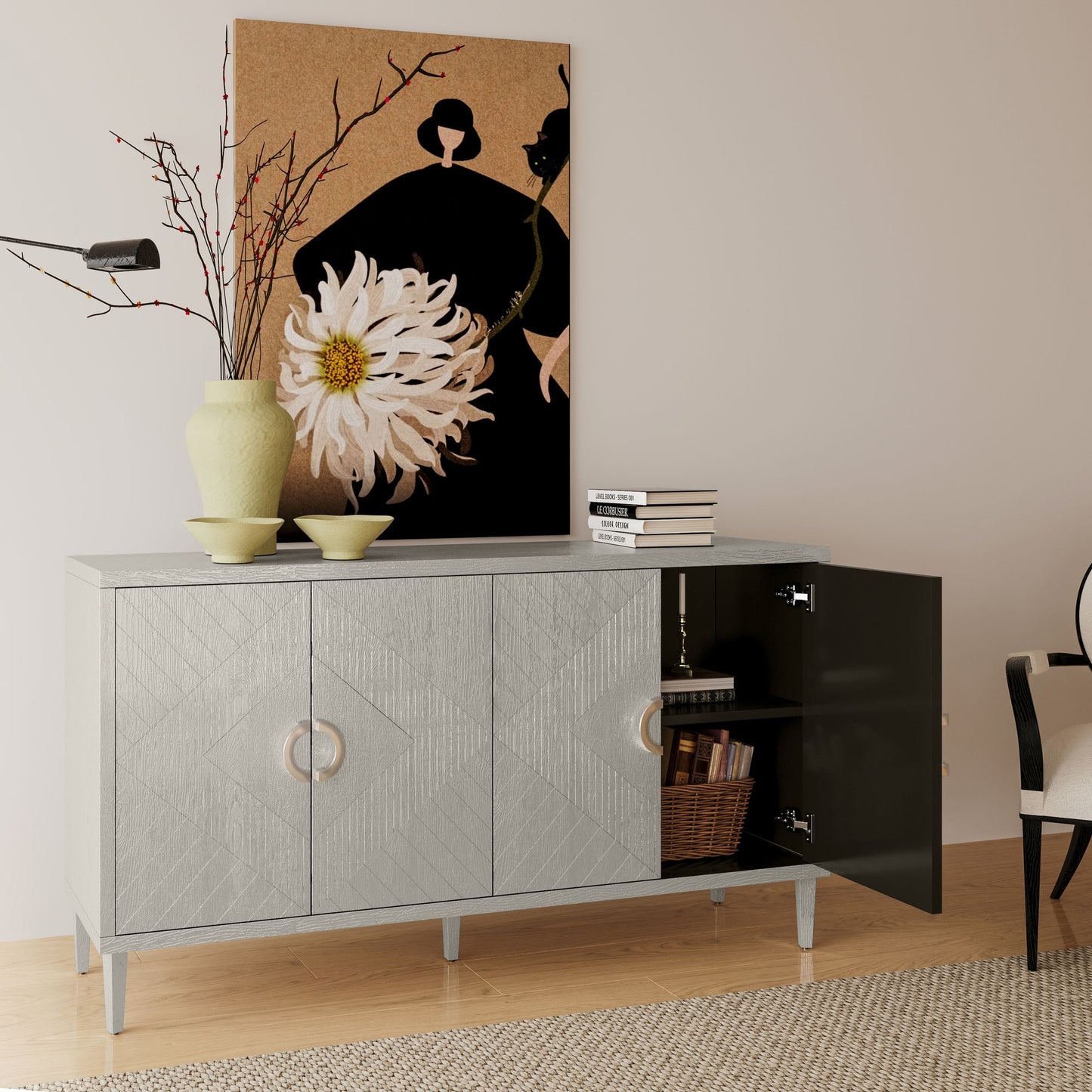 Stylish and Functional 4-Door Storage Cabinet with Pine Legs and MDF, for Living Room Bedroom,and Kitchen