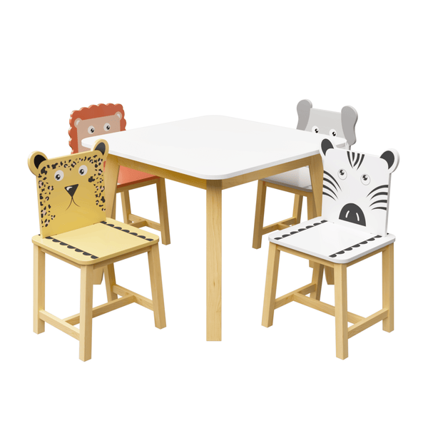 5 Piece Kiddy Table and Chair Set , Kids Wood Table with 4 Chairs Set Cartoon Animals (bigger table) (3-8 years old)