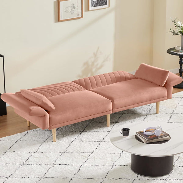 78'' Velvet Futon Sofa Bed, Convertible Sleeper Couch Bed with Adjustable Armrests and Backrest, Loveseat Sleeper Bed with 2 Pillows, Modern Futon Couch for Living Room, Pink