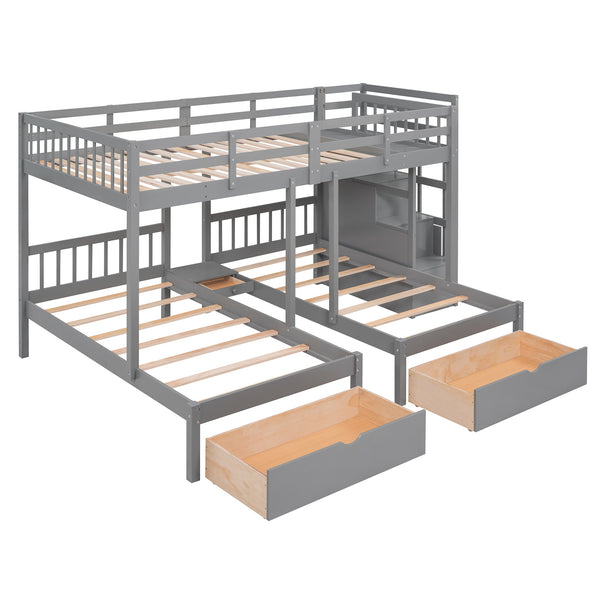 Full Over Twin & Twin Bunk Bed, Wood Triple Bunk Bed with Drawers and Guardrails (Gray)