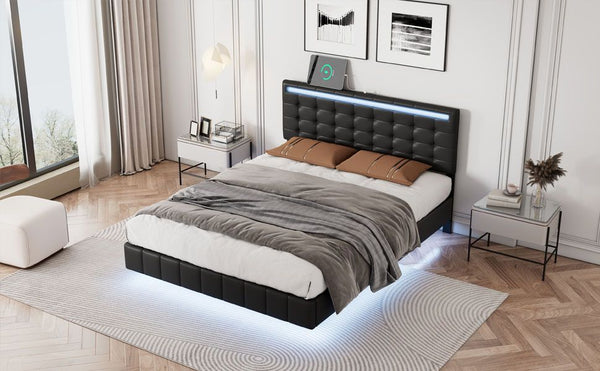 Full Size Floating Bed Frame with LED Lights and USB Charging,Modern Upholstered Platform LED Bed Frame