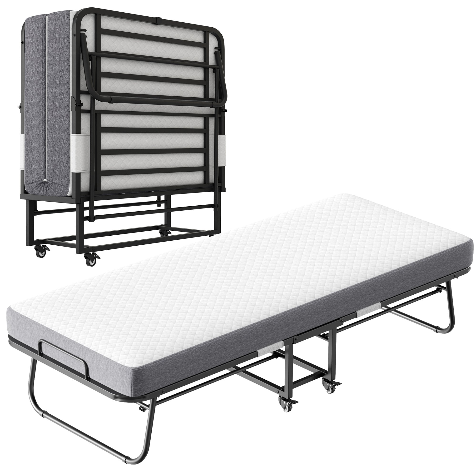 Folding Bed with Mattress 75" x 38" Rollaway Guest Bed Portable Foldable Bed for Adults with 5" Memory Foam Mattress Space-Saving Sturdy All Metal Steel Pipe Frame