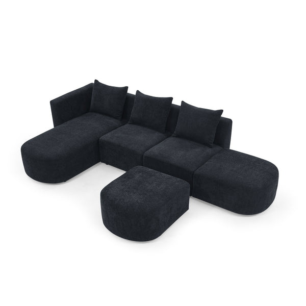 L Shape Sectional Sofa including Two Single Seats, Left Side Chaise and Two Ottomans, Modular Sofa, DIY Combination, Loop Yarn Fabric, Black