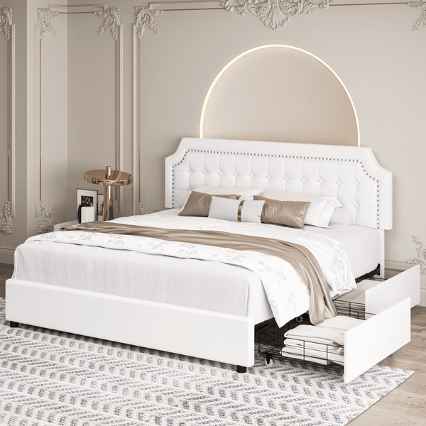 King Bed Frame, PU Fabric Upholstered Platform Bed Frame with Adjustable Headboard, Diamond Tufted Mattress Foundation with Wood Slats, Easy Assembly, No Box Spring Needed,White