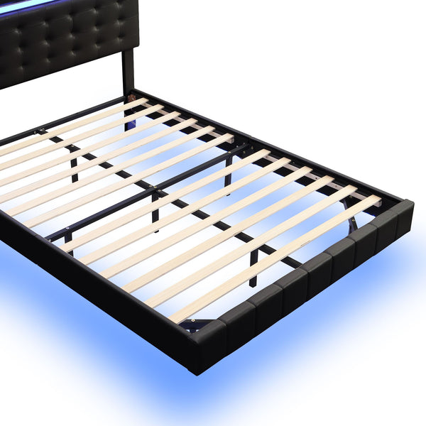 Full Size Floating Bed Frame with LED Lights and USB Charging,Modern Upholstered Platform LED Bed Frame