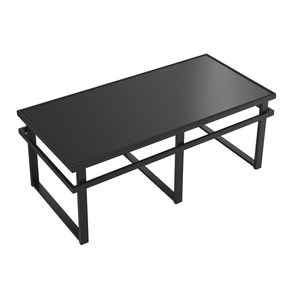 Modern 3-Piece Table Set, Includes 1 Coffee Table and 2 End Tables with BLACK Glass Top and Metal Tube (All-Black)