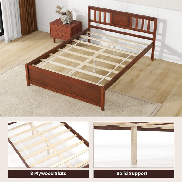 Wooden Platform Bed with Headboard and Wood Slat Support