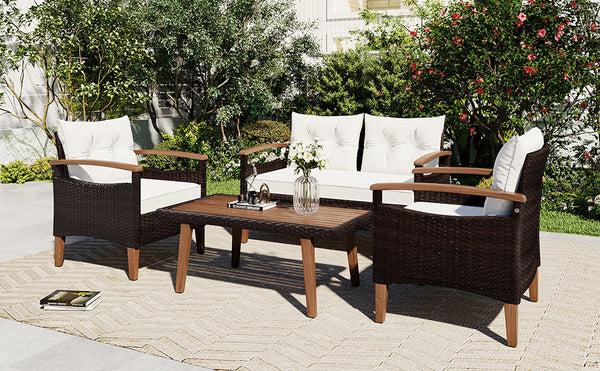 4-Piece Garden Furniture; Patio Seating Set; PE Rattan Outdoor Sofa Set; Wood Table and Legs; Brown and Beige