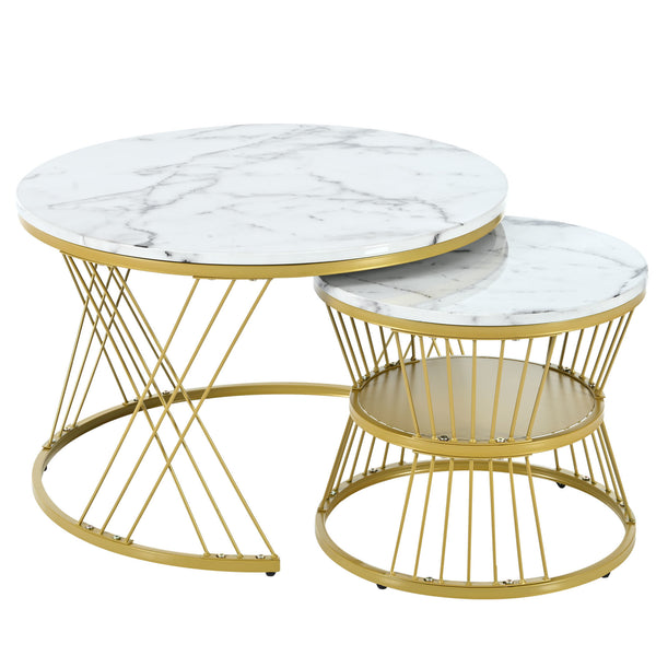 [VIDEO provided] ON-TREND Φ27.5'' & Φ17.7'' Nesting Coffee Table with Marble Grain Table Top, Golden Iron Frame Round Coffee Table, Set of 2, for Living Room, Balcony, White