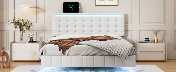 Full Size Floating Bed Frame with LED Lights and USB Charging,Modern Upholstered Platform LED Bed Frame