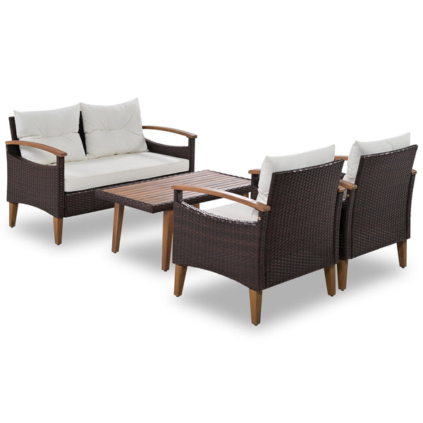 4-Piece Garden Furniture; Patio Seating Set; PE Rattan Outdoor Sofa Set; Wood Table and Legs; Brown and Beige