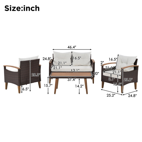 4-Piece Garden Furniture; Patio Seating Set; PE Rattan Outdoor Sofa Set; Wood Table and Legs; Brown and Beige