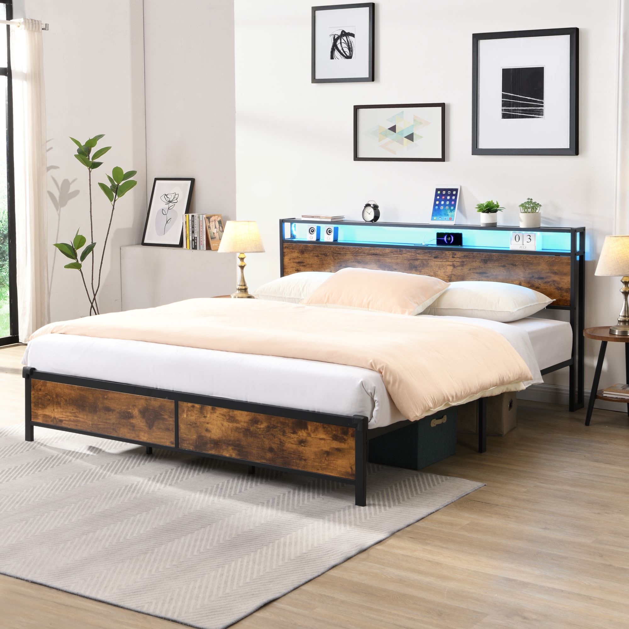 Industrial King Bed Frame with LED Lights and 2 USB Ports, Bed Frame King Size with Storage, Noise Free, No Box Spring Needed, Rustic Brown