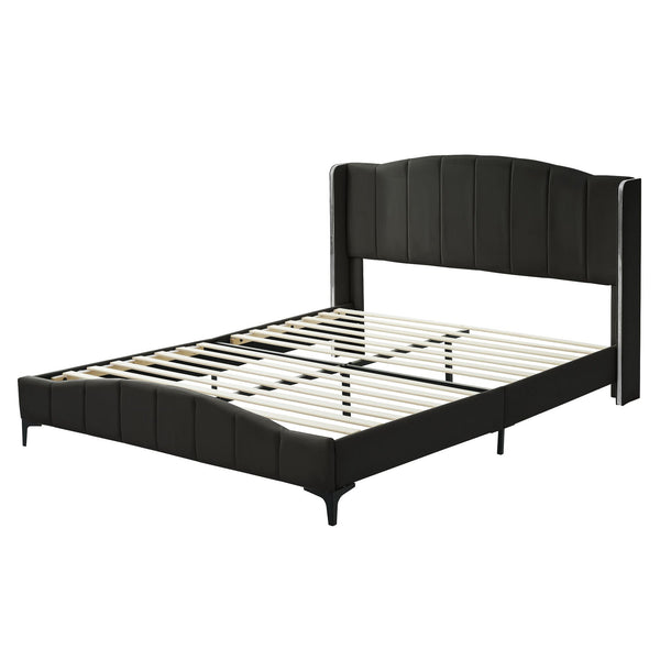 Queen Size PU Leather Upholstered Platform Bed, Headboard with Wingback and Metal Bar Accents, No Box Spring Required, Black