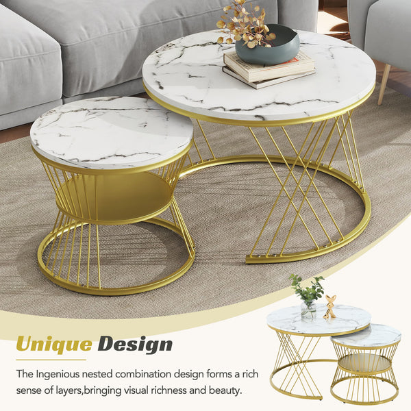 [VIDEO provided] ON-TREND Φ27.5'' & Φ17.7'' Nesting Coffee Table with Marble Grain Table Top, Golden Iron Frame Round Coffee Table, Set of 2, for Living Room, Balcony, White