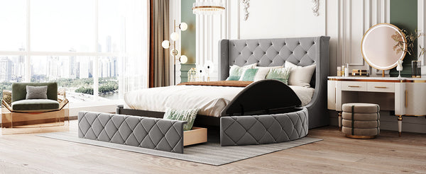 Upholstered Platform Bed Queen Size Storage Velvet Bed with Wingback Headboard and 1 Big Drawer,2 Side Storage Stool(Gray)