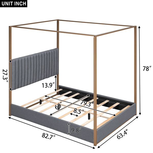 Queen Size Upholstery Canopy Platform Bed with Headboard and Metal Frame, Gray