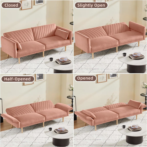 78'' Velvet Futon Sofa Bed, Convertible Sleeper Couch Bed with Adjustable Armrests and Backrest, Loveseat Sleeper Bed with 2 Pillows, Modern Futon Couch for Living Room, Pink