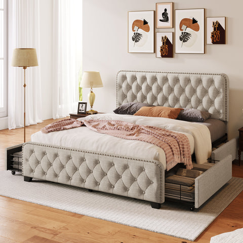 Upholstered Platform Bed Frame with Four Drawers, Button Tufted Headboard and Footboard Sturdy Metal Support, No Box Spring Required, Beige, Queen (Old sku:BS300279AAA)