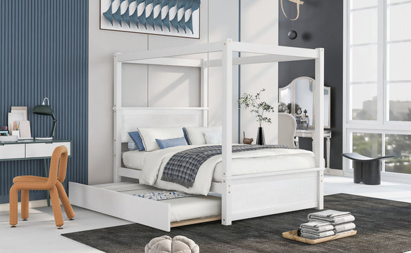 Wood Canopy Bed with Trundle Bed ; Full Size Canopy Platform bed With Support Slats .No Box Spring Needed; Brushed White