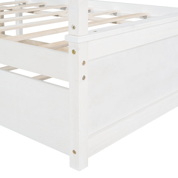 Wood Canopy Bed with Trundle Bed ; Full Size Canopy Platform bed With Support Slats .No Box Spring Needed; Brushed White