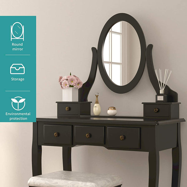 Vanity Table Set, Dressing Table with Mirror, Vanity Makeup Table with 5 Drawers/ Stool, Black--YS