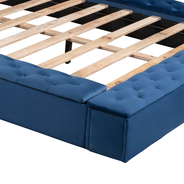 Queen Size Upholstery Low Profile Storage Platform Bed with Storage Space on both Sides and Footboard; Blue