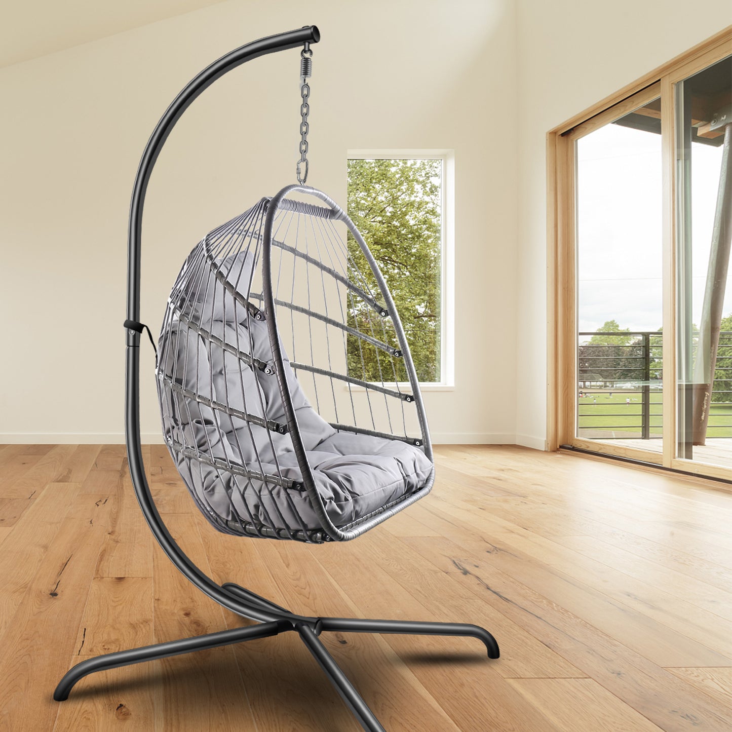 Swing Egg Chair with Stand Indoor Outdoor Wicker Rattan Patio Basket Hanging Chair with C Type bracket , with cushion and pillow Banned from selling on Amazon.(Black New arrivals within 10 days)