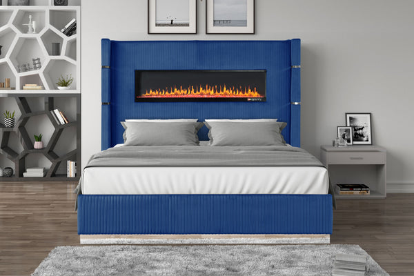 Lizelle Upholstery Wooden King Bed with Ambient lighting in Blue Velvet Finish