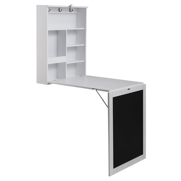 Floating Wall Mounted Table, Foldable Desk with Storage Shelves and Blackboard - black+white XH