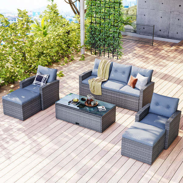 6-piece All-Weather Wicker PE rattan Patio Outdoor Dining Conversation Sectional Set with coffee table, wicker sofas, ottomans, removable cushions