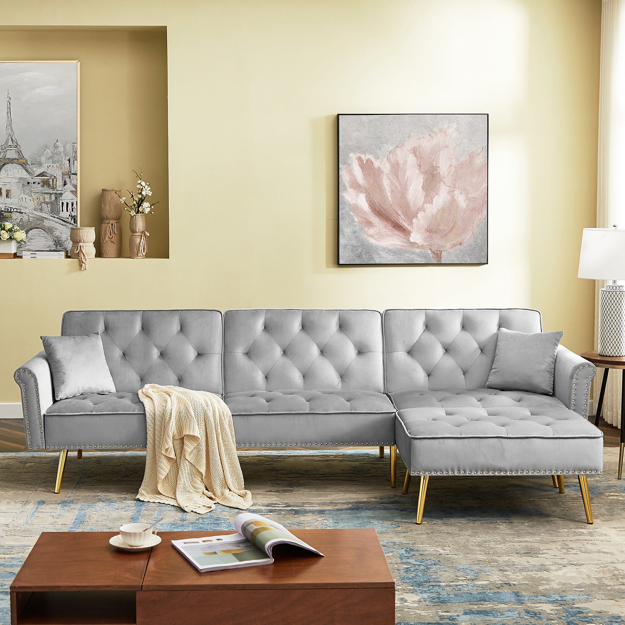 Modern Velvet Upholstered Reversible Sectional Sofa Bed ; L-Shaped Couch with Movable Ottoman and Nailhead Trim For Living Room. (Light Grey)