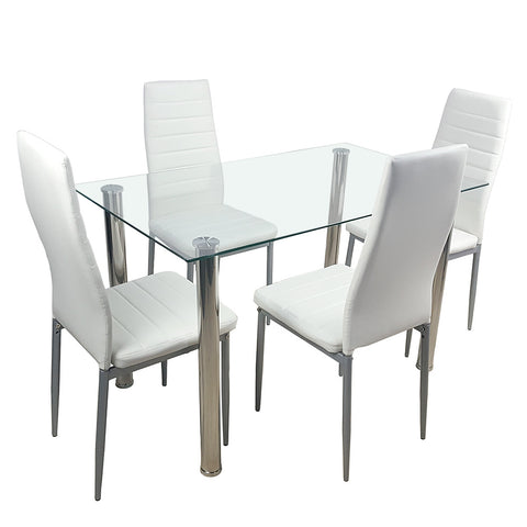110cm Dining Table Set Tempered Glass Dining Table with 4pcs Chairs Transparent & Creamy White