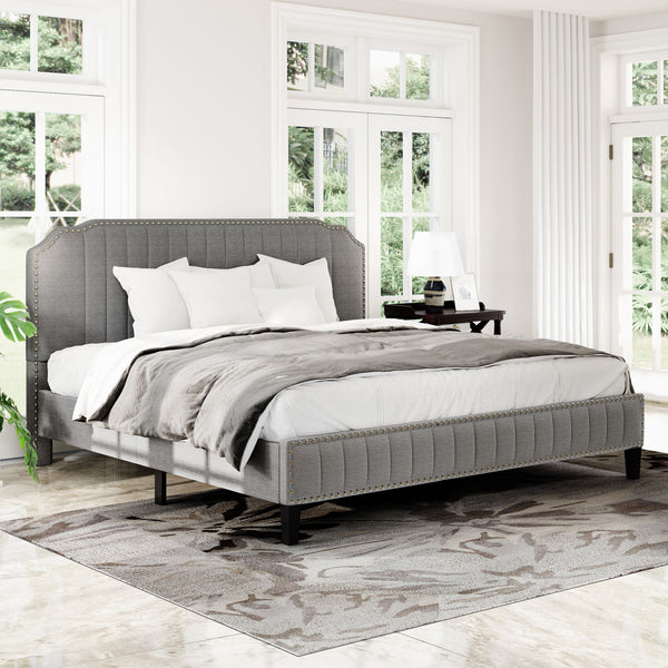 Modern Linen Curved Upholstered Platform Bed ;  Solid Wood Frame ;  Nailhead Trim (King)