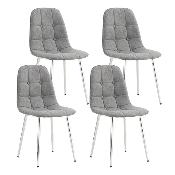 Dining Chairs Set of 4;  Modern Mid-Century Style Dining Kitchen Room Upholstered Side Chairs; Soft Tufted Linen Fabric with Inset Buttons; Chrome Metal Legs; for Kitchen Lounge Farmhouse;  Light Gray